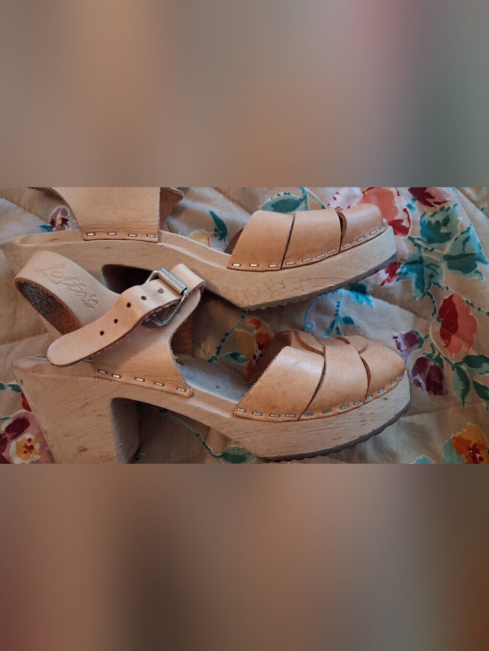 Lotta Of Sweden Tan Leather Open Toe Mary Jane Clogs